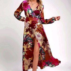 Lulus Burgundy Floral Print Satin Wrap Maxi Dress